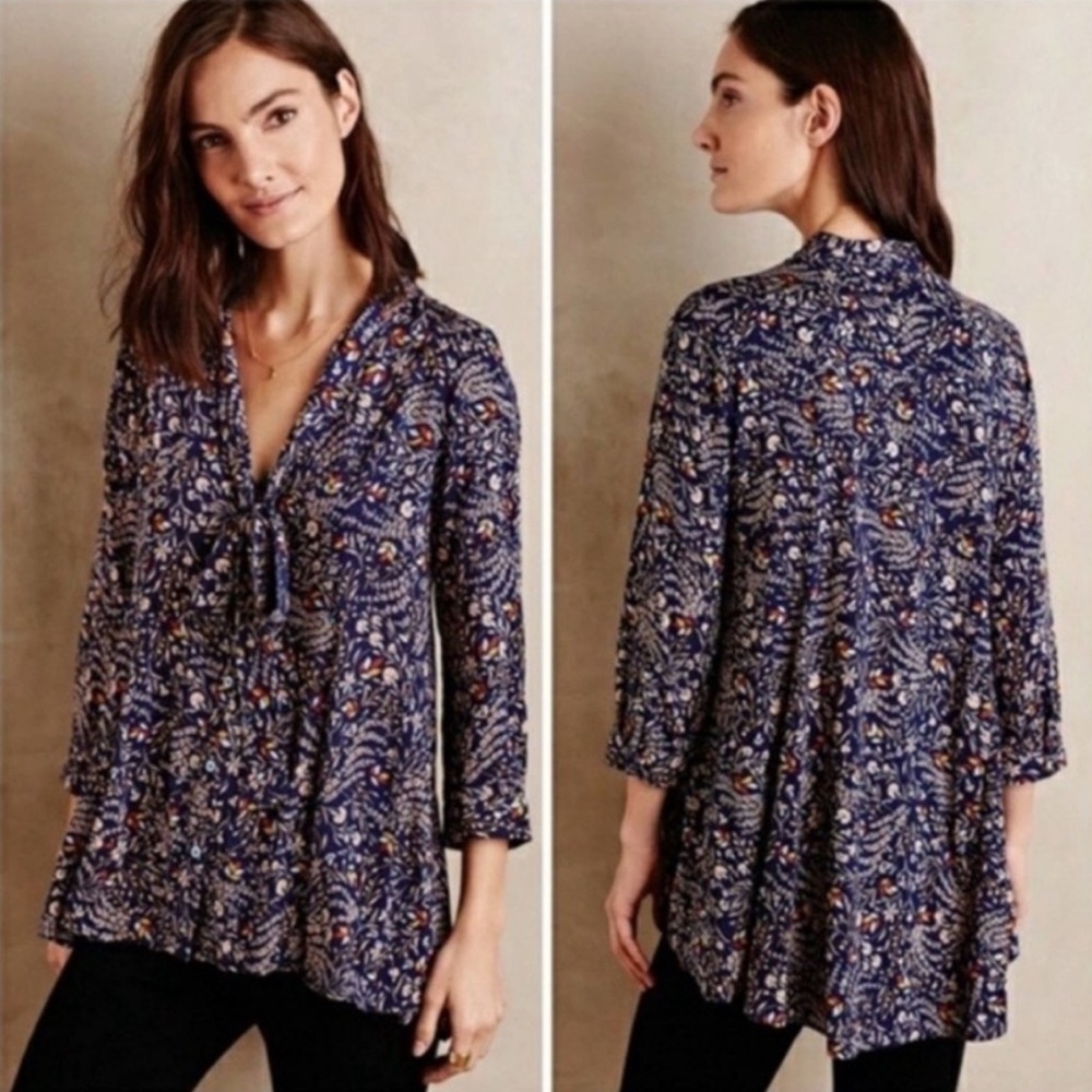 🎉HP🎉Maeve by Anthropologie | Blue Floral Ditzy Motif Hi- Low Tie Neck Blouse
